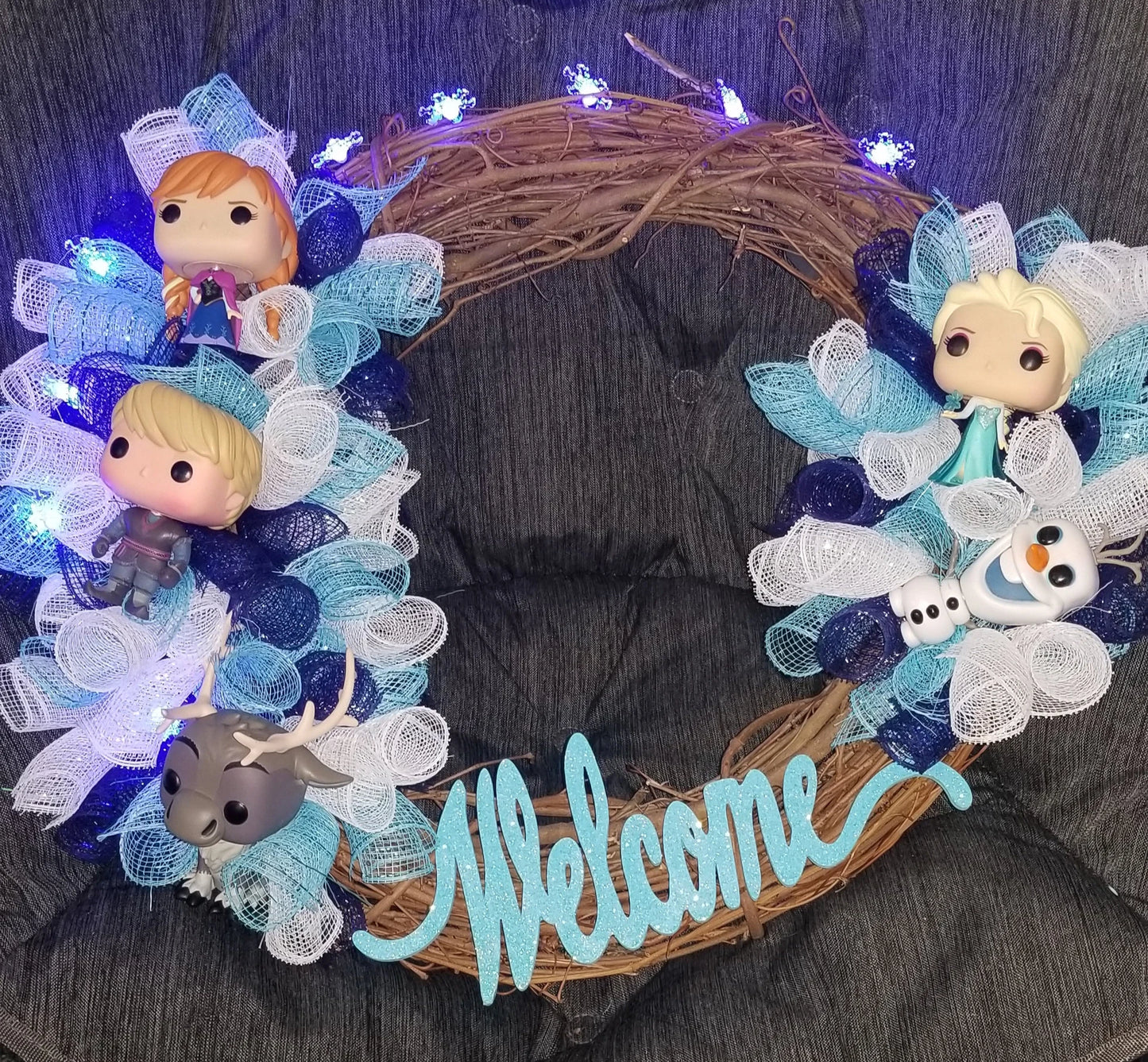 Lighted Frozen Themed Grapevine Wreath