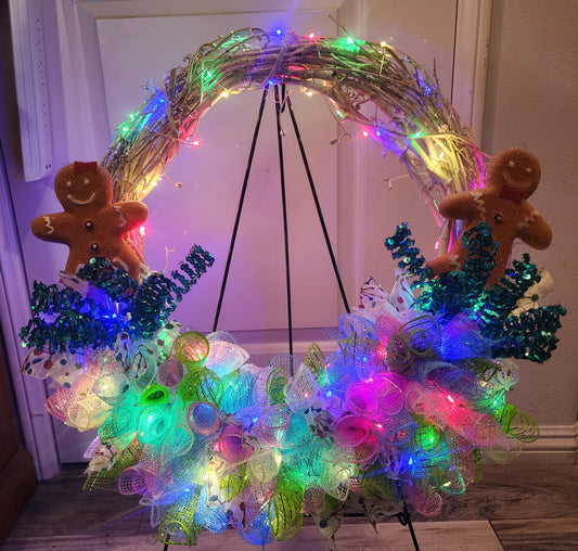 Gingerbread Lighted 18" White Grapevine Wreath